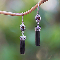 Garnet dangle earrings, 'Pedestal of Passion' - Natural Garnet and Sterling Silver Pillar Dangle Earrings