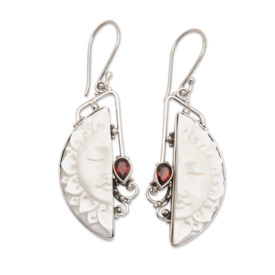 Garnet dangle earrings, 'Half Sunset' - Traditional Sun-Themed Natural Garnet Dangle Earrings