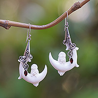 Garnet dangle earrings, 'Mysticism of Love' - Moon and Owl-Themed Natural Garnet Dangle Earrings from Bali