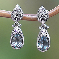 Blue topaz dangle earrings, 'Fantasy Nest' - Balinese Silver Dangle Earrings with Blue Topaz Gemstones
