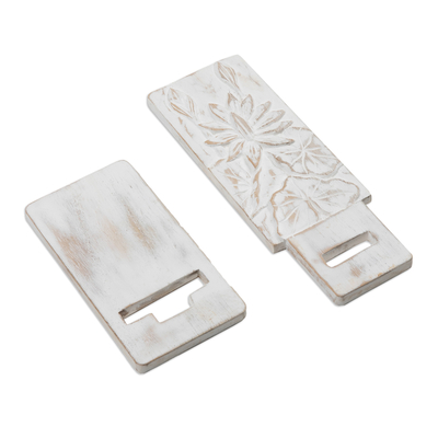 Wood phone stand, 'White Spring' - Hand-Carved Lotus-Inspired White Jempinis Wood Phone Stand