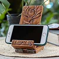 Wood phone stand, 'Thriving Flower' - Nature-Inspired Leafy Hand-Carved Jempinis Wood Phone Stand