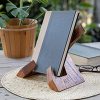Wood book holder, 'Modern Lectures' - Hand-Carved Modern Natural Brown Jempinis Wood Book Holder
