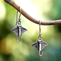 Sterling silver dangle earrings, 'Lovely Stingray' - Stingray-Shaped Sterling Silver Dangle Earrings from Bali