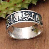 Sterling silver band ring, 'Elephant Legend' - Elephant-Themed Polished Sterling Silver Band Ring
