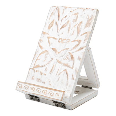 Wood tablet stand, 'Magical Lotus' - Distressed Wood Tablet Stand with Lotus Flower Motif