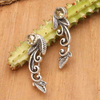 Citrine ear climbers, 'Merriest Leaf' - Leafy Sterling Silver and Citrine Ear Climbers from Bali