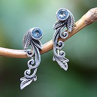 Blue topaz ear climbers, 'Finest Leaf' - Leafy Sterling Silver and Blue Topaz Ear Climbers from Bali