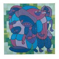 „Beste Freundschaft“ – Volkskunst-Acryl-auf-Leinwand-Gemälde in Blau- und Grüntönen