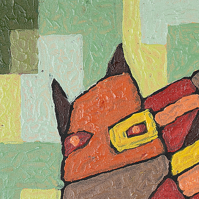 'Mask of Human' - Geometric Acrylic on Canvas Painting in Brown and Green Hues