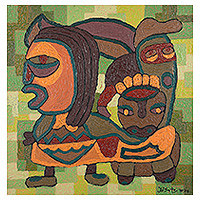 'Shape of Deformasi V' - Pintura acrílica verde y marrón de arte popular firmada de Bali