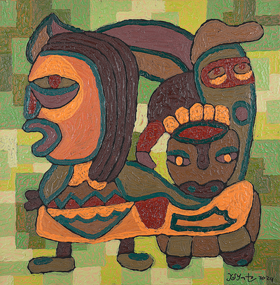 'Shape of Deformasi V' - Pintura acrílica verde y marrón de arte popular firmada de Bali