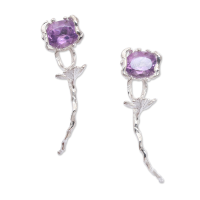 Amethyst drop earrings, 'Flowers for the Wise' - Flower-Shaped Faceted One-Carat Amethyst Drop Earrings