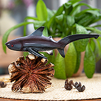 Wood sculpture, 'Shark Soul' - Natural Benalu and Jempinis Wood Pondicherry Shark Sculpture