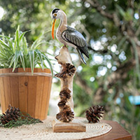 Wood sculpture, 'Crane Scene' - Hand-Painted Nature-Themed Wood Sculpture of a Crane