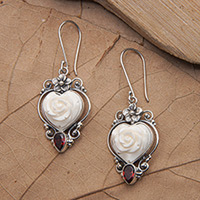 Garnet dangle earrings, 'Valentine Sensations' - Floral Heart-Shaped Natural Garnet Dangle Earrings from Bali