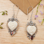 Garnet dangle earrings, 'Valentine Sensations' - Floral Heart-Shaped Natural Garnet Dangle Earrings from Bali