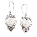 Garnet dangle earrings, 'Valentine Sensations' - Floral Heart-Shaped Natural Garnet Dangle Earrings from Bali