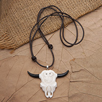 Men's hand-carved long pendant necklace, 'Owl at Home' - Hand-Carved Owl and Cow Skull-Themed Men's Pendant Necklace