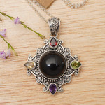 Multi-gemstone pendant necklace, 'Rainbow in the Dark' - Multi-Gemstone Sterling Silver Hand-Carved Pendant Necklace