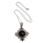 Multi-gemstone pendant necklace, 'Rainbow in the Dark' - Multi-Gemstone Sterling Silver Hand-Carved Pendant Necklace