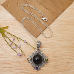 Multi-gemstone pendant necklace, 'Rainbow in the Dark' - Multi-Gemstone Sterling Silver Hand-Carved Pendant Necklace