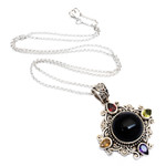 Multi-gemstone pendant necklace, 'Rainbow in the Dark' - Multi-Gemstone Sterling Silver Hand-Carved Pendant Necklace