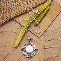 Amethyst pendant necklace, 'Dreamy Moon' - Sterling Silver Amethyst Necklace with Carved Moon Pendant
