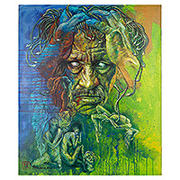 'The Male Medusa' - Expressionist Green and Blue Acrylic Painting from Bali