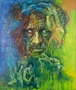 'The Male Medusa' - Expressionist Green and Blue Acrylic Painting from Bali