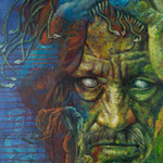 'The Male Medusa' - Expressionist Green and Blue Acrylic Painting from Bali