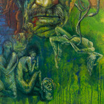 'The Male Medusa' - Expressionist Green and Blue Acrylic Painting from Bali