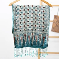 Silk batik scarf, 'Jade of Jasmine' - Floral Batik-Themed Jade Green 100% Silk Scarf with Gift Box