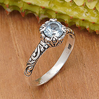 Blue topaz solitaire ring, 'Chic Azure' - Blue Topaz Silver Solitaire Ring with Balinese Motifs