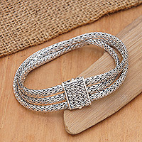 Sterling Silber Kettenarmband, „Triple Powers“ – Traditionelles balinesisches Sterling Silber Strang Kettenarmband