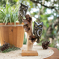 Wood sculpture, 'Sylvan Guards' - Owl-Themed Jempinis and Benalu Wood Sculpture from Bali