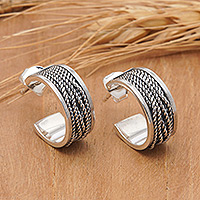 Sterling silver half-hoop earrings, 'Weaving Harmony' - Polished and Oxidized Rope-Patterned Half-Hoop Earrings