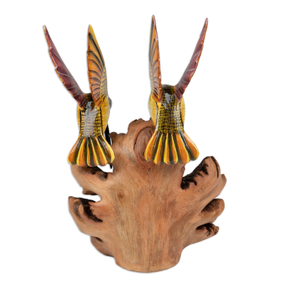 Wood sculpture, 'Flying in Nature' - Hand-Painted Wood Sculpture of Two Hummingbirds from Bali