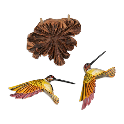 Wood sculpture, 'Flying in Nature' - Hand-Painted Wood Sculpture of Two Hummingbirds from Bali