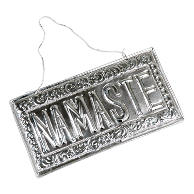 Aluminum sign, 'Sparkling Namaste' - Handcrafted Embossed Aluminum Namaste Sign from Bali