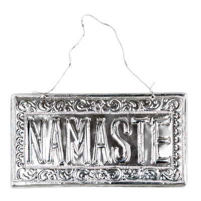 Aluminum sign, 'Sparkling Namaste' - Handcrafted Embossed Aluminum Namaste Sign from Bali