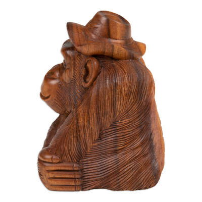 Wood sculpture, 'Pensive Orangutan' - Hand-Carved Balinese Suar Wood Orangutan Sculpture