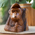 Wood sculpture, 'Curious Orangutan' - Signed Suar Wood Orangutan Sculpture Hand-Carved in Bali