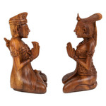 Wood sculptures, 'Beautiful Balinese Couple' (pair) - Two Hand-Carved Meditating Balinese Couple Wood Sculptures