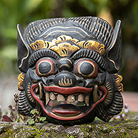 Wood mask, 'Mysterious Barong' - Traditional Hand-Carved and Painted Albesia Wood Barong Mask