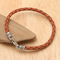 Leather braided bracelet, 'Braided Dream in Brown' - Handmade Brown Leather and Sterling Silver Braided Bracelet