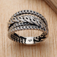Sterling silver band ring, 'Chains of Strength' - Polished and Oxidized Sterling Silver Band Ring from Bali