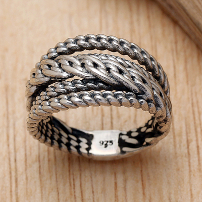 Sterling silver band ring, 'Chains of Strength' - Polished and Oxidized Sterling Silver Band Ring from Bali