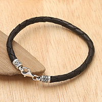 Leather braided bracelet, 'Braided Dream in Black' - Handmade Black Leather and Sterling Silver Braided Bracelet