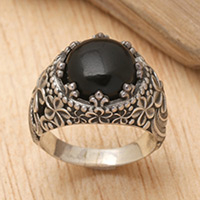 Onyx domed ring, 'Midnight Plumeria' - Floral Sterling Silver and Onyx Cabochon Domed Ring